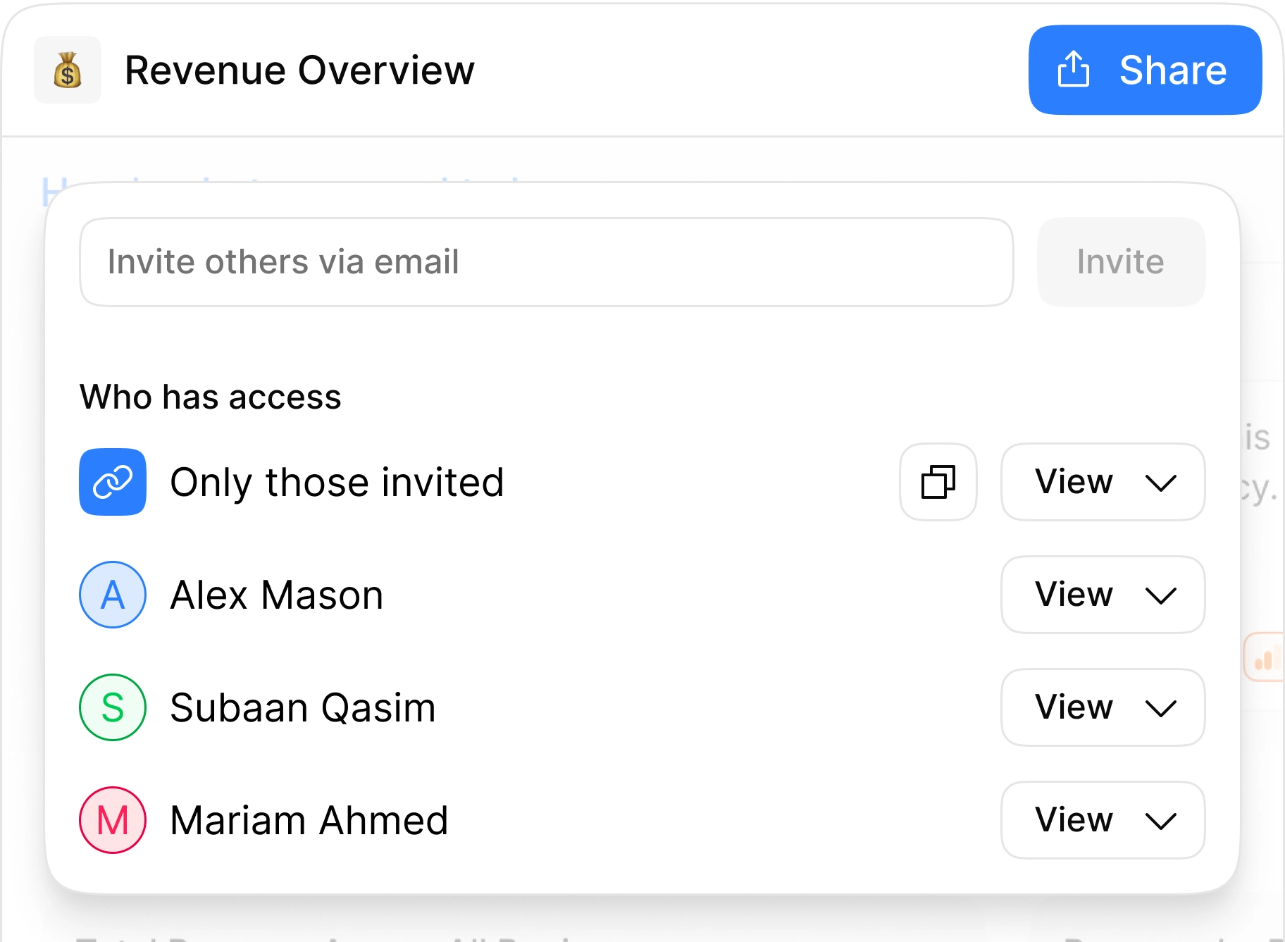 A share panel to share your uniquely generated insights with your team